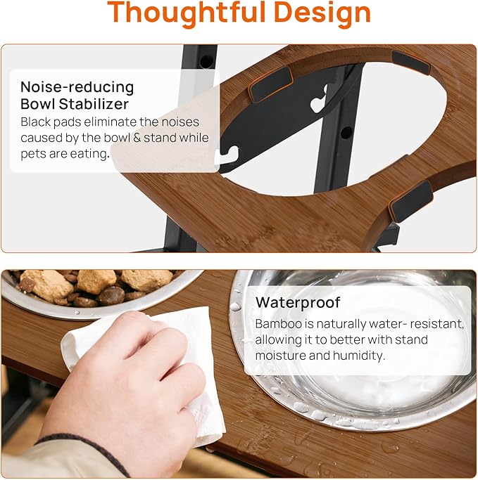 Adjustable Height Pet Feeder Stand with 2 Dishwasher-Safe Stainless Steel Bowls – Brown Wood Top & Black Metal Frame Elevated Food/Water Station for Dogs/Cats Under 100LBS
