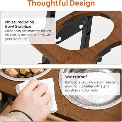Adjustable Height Pet Feeder Stand with 2 Dishwasher-Safe Stainless Steel Bowls – Brown Wood Top & Black Metal Frame Elevated Food/Water Station for Dogs/Cats Under 100LBS