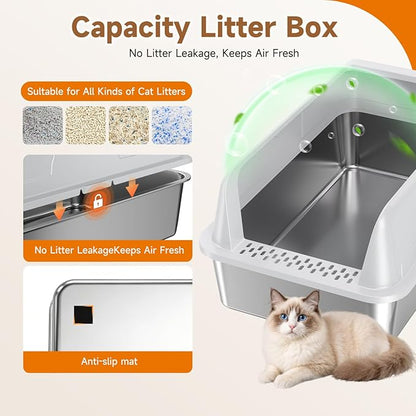 Extra Large Stainless Steel High Sides Cat Litter Box with Scoop, XL 23"X15"X10.3" Metal Odor Resistant Nonstick Easy Clean Kitty Litterbox, Gray