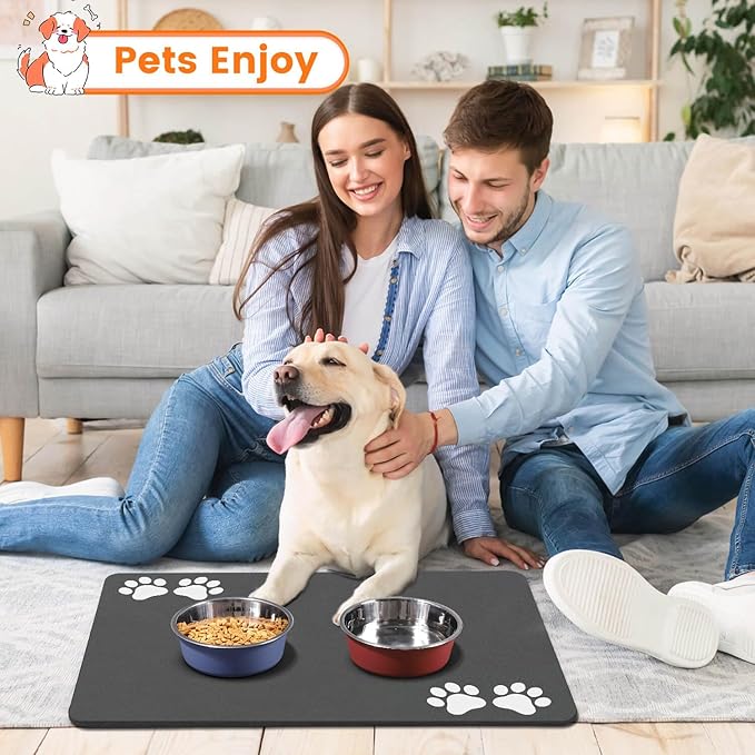 Pet Feeding Mat-Absorbent Pet Placemat for Food and Water Bowl, Dog Food Mat with Waterproof Rubber Backing, No Stains Quick Dry Water Dispenser Mat for Dog and Cat, Dark Gray-17"x27"