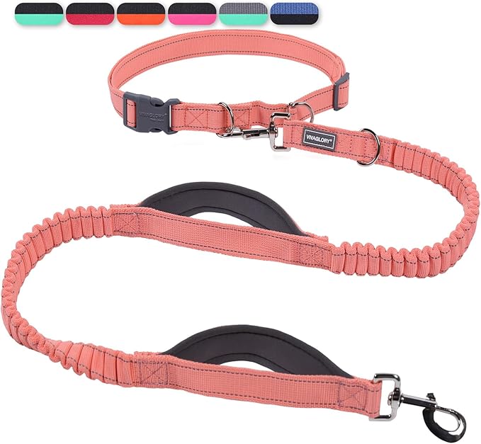VIVAGLORY Hands Free Dog Leash Bungeetwin Running Dog Leash with Waist Belt for Running Walking & Jogging, Bungee & Around Waist for Pet, S, Pink/Grey