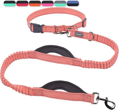 VIVAGLORY Hands Free Dog Leash Bungeetwin Running Dog Leash with Waist Belt for Running Walking & Jogging, Bungee & Around Waist for Pet, M, Pink/Grey