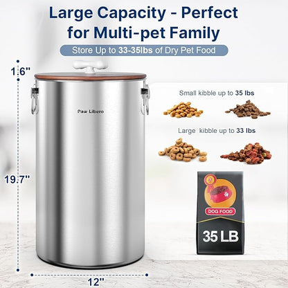 2PK 35 Lbs total 70Lbs Stainless Steel Dog Food Storage Container with Airtight Wooden Lid & Ceramic Bone Handle, Large Metal Dog Food Bin for Dogs & Cats, Keep Fresh, Easy to Clean
