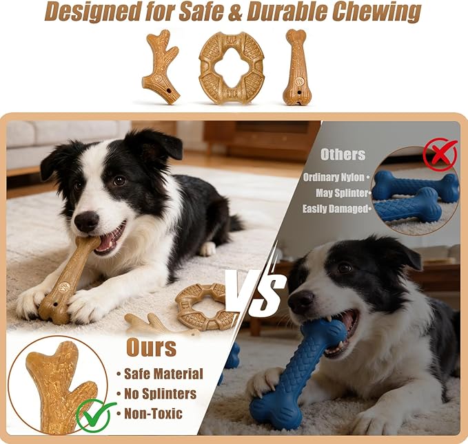 Dog Chew Toys for Aggressive Chewers, 3 Pack Nylon & Wood Teething Bone Toy Set with Chicken Flavor, Durable Tough Bones Chewing Toys for Small & Medium Dogs