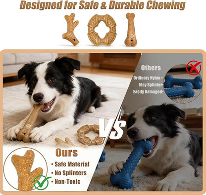 Dog Chew Toys for Aggressive Chewers, 3 Pack Nylon & Wood Teething Bone Toy Set with Chicken Flavor, Durable Tough Bones Chewing Toys for Small & Medium Dogs