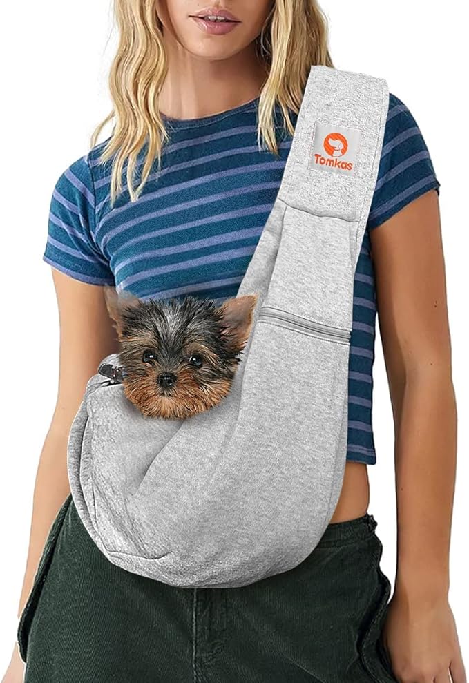 Tomkas Small Dog Sling Carrier - Cat Sling Carrier - Zipper Pocket & Adjustable Strap - for 3-10 lbs Pets(Gray) Puppy