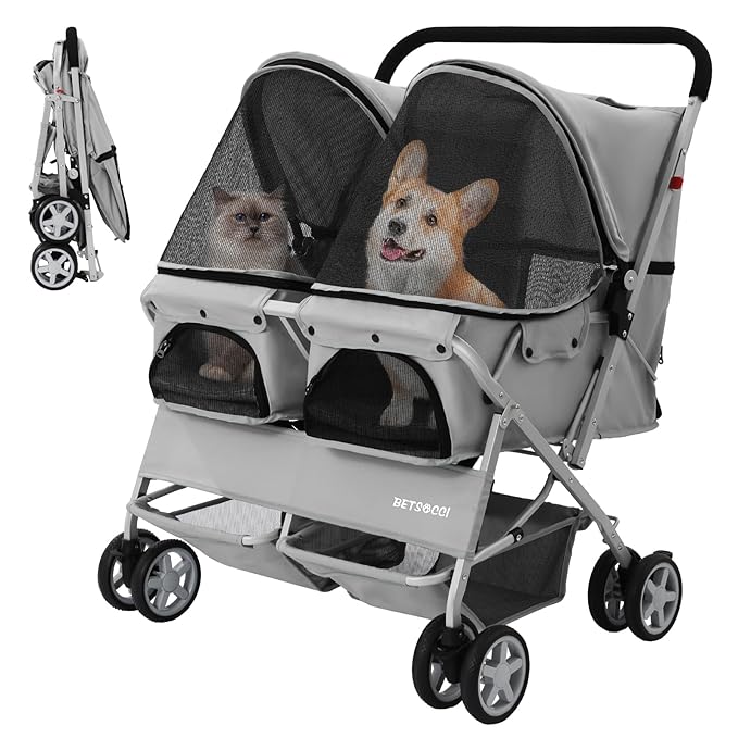 Double Pet Stroller for 2 Small Dogs & Cats, Side-by-Side Twin Travel Carriage with Safety Leashes, Mesh Windows & Double Storage Baskets, Lightweight & Foldable, 44lbs Capacity, Gray