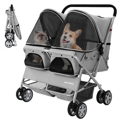 Double Pet Stroller for 2 Small Dogs & Cats, Side-by-Side Twin Travel Carriage with Safety Leashes, Mesh Windows & Double Storage Baskets, Lightweight & Foldable, 44lbs Capacity, Gray
