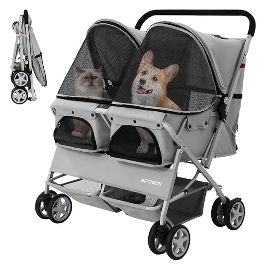 Double Pet Stroller for 2 Small Dogs & Cats, Side-by-Side Twin Travel Carriage with Safety Leashes, Mesh Windows & Double Storage Baskets, Lightweight & Foldable, 44lbs Capacity, Gray