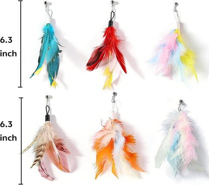 12 Pack Cat Feather Toy Refills,Natural Cat Wand Replacement Feathers with Bell,Colorfull Wand Attachment Feather Toys for Indoor Cats