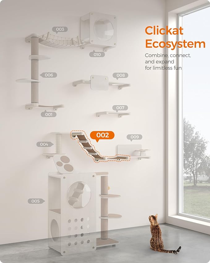 Feandrea Clickat Collection - No.002 Cat Climbing Hammock, Extremely Quick Assembly, Unlimited Expandability, Replaceable Washable Fabric, Wall-Mounted Cat Hammock Bed with Stairs