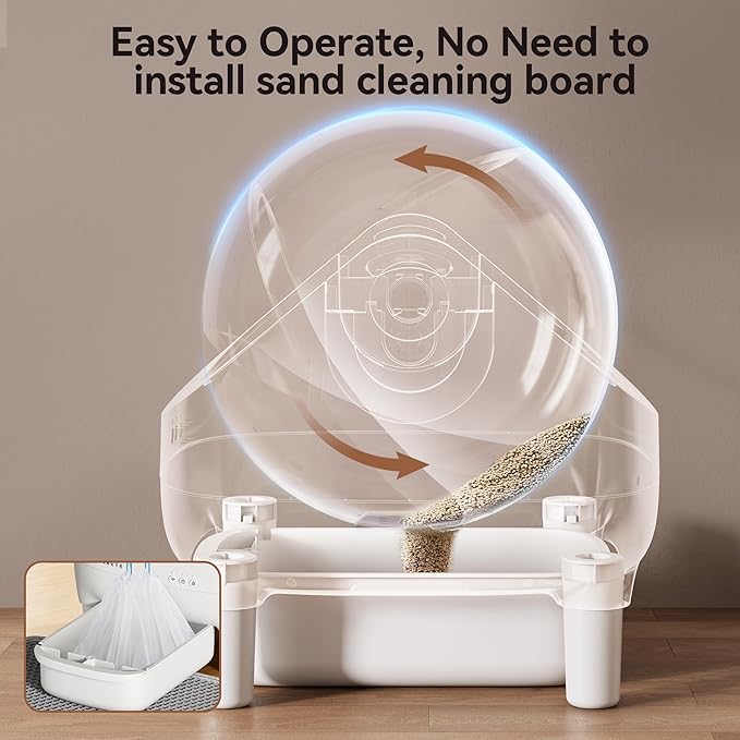 Thereye Self-Cleaning Cat Litter Box,Open-Top Automatic Litter Box with App Control for Multiple Cats, Safety Sensors Protection, Odor Control Includes Trash Bags,Large Waste Bin, White Yellow