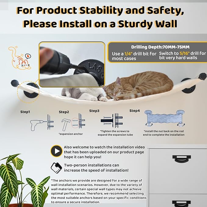 Cat Hammock Wall Mounted, 35.43 x 12.99 inch Wall Mounted Cat Shelves, Metal Brackets Cats Beds for Sleeping, Playing, Climbing and Resting Stabilized Wall Furniture for Large Cats or Kitty