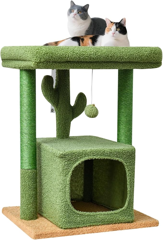 SYANDLVY 27" Cactus Cat Tree for Indoor Cats, Green Activity Tower with Scratching Posts, Modern Kitten Condo with Plush Perch & Hanging Ball for Play