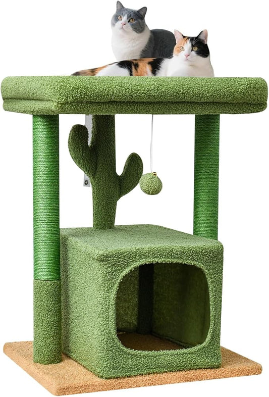 SYANDLVY 27" Cactus Cat Tree for Indoor Cats, Green Activity Tower with Scratching Posts, Modern Kitten Condo with Plush Perch & Hanging Ball for Play