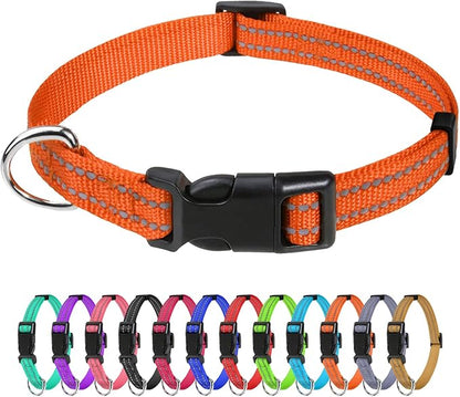 TagME Reflective Nylon Dog Collars, Adjustable Classic Pet Collar with Quick Release Buckle for Puppy, Orange, 3/8" Width