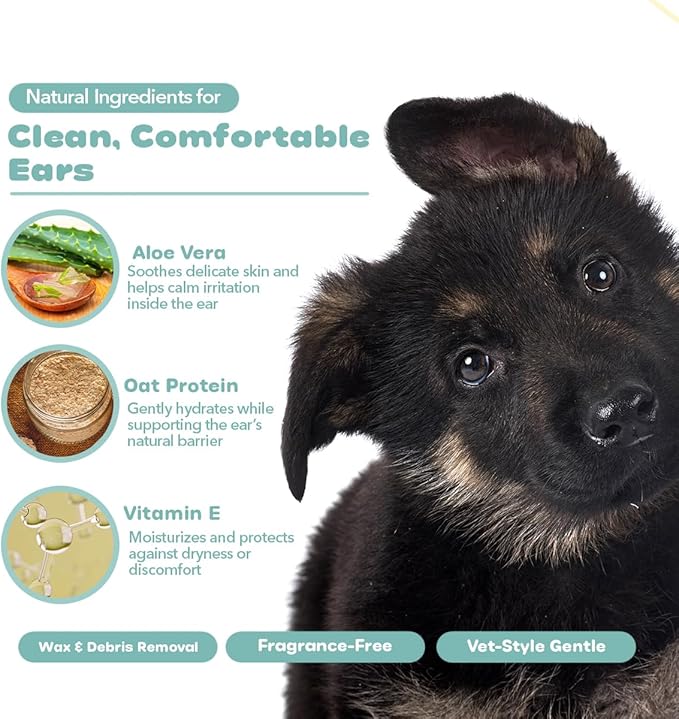 P.E.T. Ear Care Wash for Dogs & Cats — 0% Alcohol & Fragrance-Free Formula — Loosens Wax, Removes Debris, Neutralizes Odor & Soothes with Aloe & Oat — No-Rinse, Vet-Style Application — 16 oz