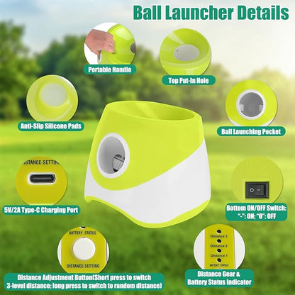 Automatic Dog Ball Launcher Upgraded Interactive Pet Ball Thrower Rechargeable Dog Fetch Toy with 3 Adjustable Distance Settings (6m/10m/14m) 6Pcs 2.3in Balls for Small Medium Dogs