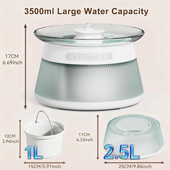 GJEASE Glass Smart Pet Water Fountain,Cat Drinking Water Fountain Bowl No Filter,Battery Operated Filterless Pet Water Fountain