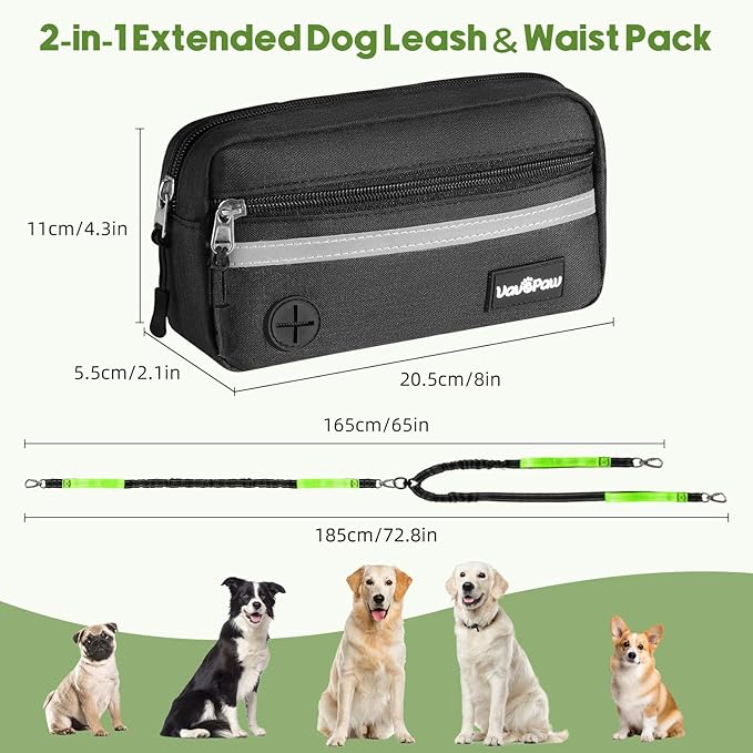Hands Free Dog Leash for 2 Dogs with Pouch, Waist Leash for Dog Walking, Retractable Leashes with Dual Padded Handles, Adjustable Reflective Belt for Small Medium Large Dogs, Black Green
