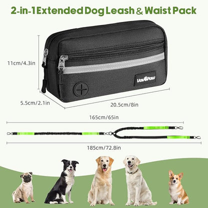 Hands Free Dog Leash for 2 Dogs with Pouch, Waist Leash for Dog Walking, Retractable Leashes with Dual Padded Handles, Adjustable Reflective Belt for Small Medium Large Dogs, Black Green