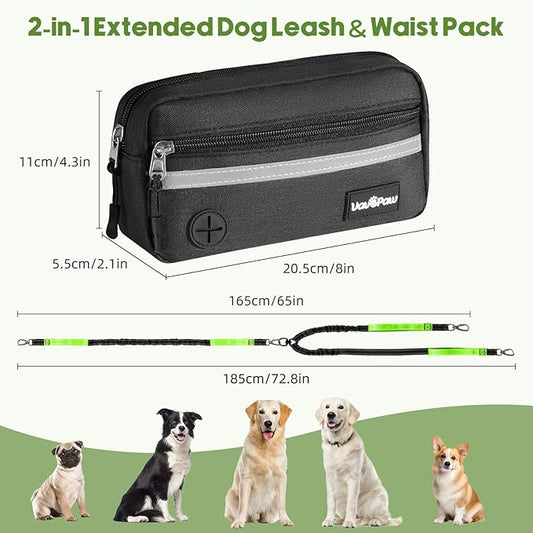 Hands Free Dog Leash for 2 Dogs with Pouch, Waist Leash for Dog Walking, Retractable Leashes with Dual Padded Handles, Adjustable Reflective Belt for Small Medium Large Dogs, Black Green