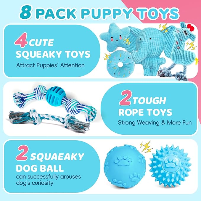 8 Pack Luxury Puppy Toys for Teething Small Dogs, Puppy Chew Toys with Squeaky Dog Toys, Balls and Rope Dog Chew Toys, Dog Toys to Keep Them Busy (Blue, 8-Pack)