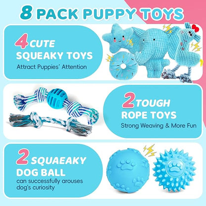 8 Pack Luxury Puppy Toys for Teething Small Dogs, Puppy Chew Toys with Squeaky Dog Toys, Balls and Rope Dog Chew Toys, Dog Toys to Keep Them Busy (Blue, 8-Pack)