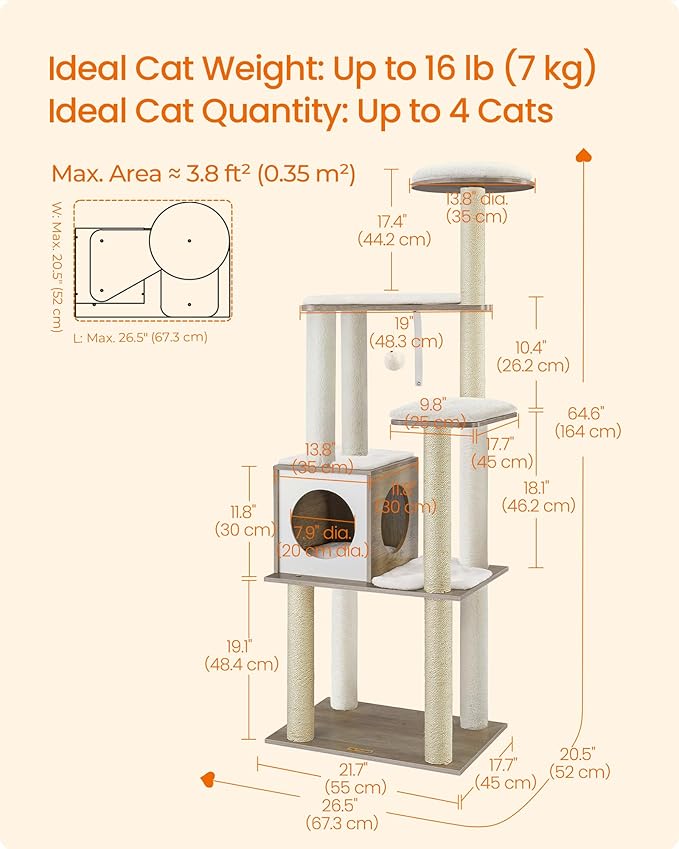 Feandrea Cat Tree, 64.6-Inch Modern Cat Tower, Multi-Level Condo with 5 Scratching Posts, Perch, Washable Removable Cushions, Cave, Heather Greige UPCT166G01