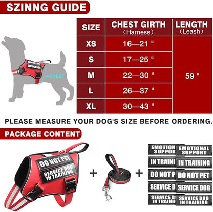 Service Dog Vest Harness and Leash Set+10 Patches,No Pull&Adjustable Reflective Dog Harness with Soft Padded Handle for Training/Everyday,Fit Small/Medium/Large/Extra-Large Dogs (Red S)