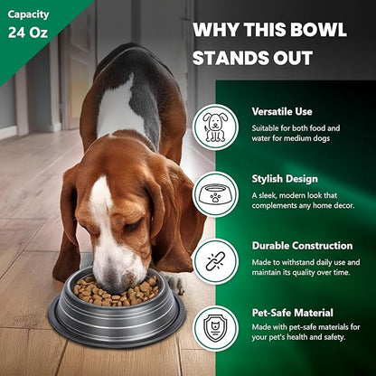 Iconic Pet 3 Cup/24 Oz Elegant Stainless Steel Color Splash Food/Water Bowl with Non Skid, Noise Free, Removable Rubber Ring - Dog/ Cat Feeding Bowl In color shade, Dishwasher Safe - Black, 2 Bowls