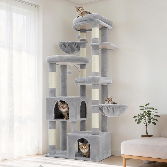 Hey-brother Cat Tree, 67.3 Inches Tower with 3 Soft Platform Beds, 2 Large Condos, 9 Sisal Scratching Posts, 2 Hammocks and Toys, Multi-Level Step House for Multiple Indoor Kittens, Light Gray MPJ084W