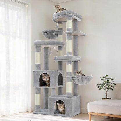 Hey-brother Cat Tree, 67.3 Inches Tower with 3 Soft Platform Beds, 2 Large Condos, 9 Sisal Scratching Posts, 2 Hammocks and Toys, Multi-Level Step House for Multiple Indoor Kittens, Light Gray MPJ084W