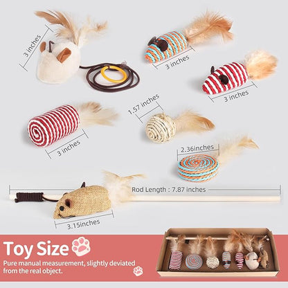 NVTED Cat Feather Toy Set - Playing Wand and Pet Activity Nip Toys Collection in Gift Box, Set of 7