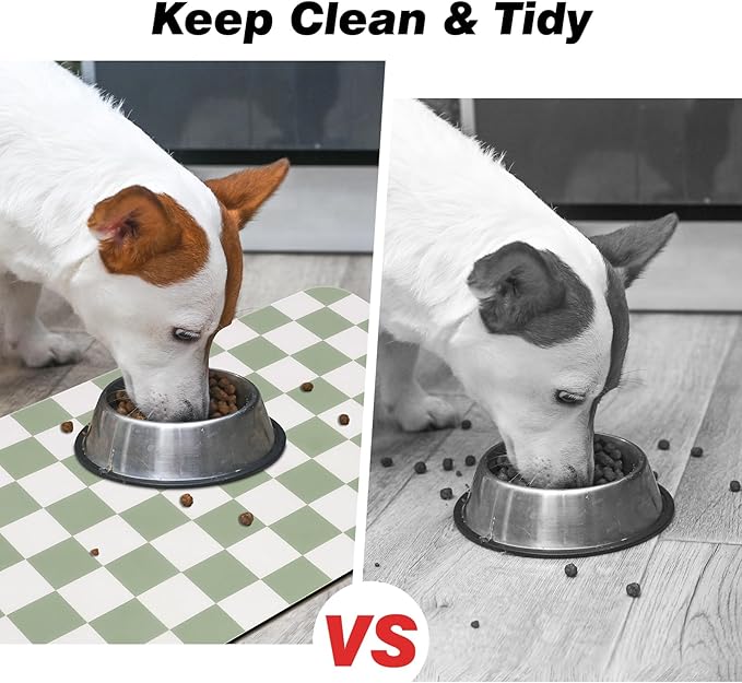 Checkered Dog Food Mat, Absorbent Leak-Proof Pet Feeding Mat, Quick Dry Cat Food Mat for Messy Drinkers 12" x 20" Green