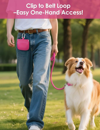 RBibei【One-Hand Access Silicone Dog Treat Pouch, Small Pocket Sized Training Pouch with Pull Tab & Auto Closing Lid for Easy Pet Training & Walking (Hot Pink)