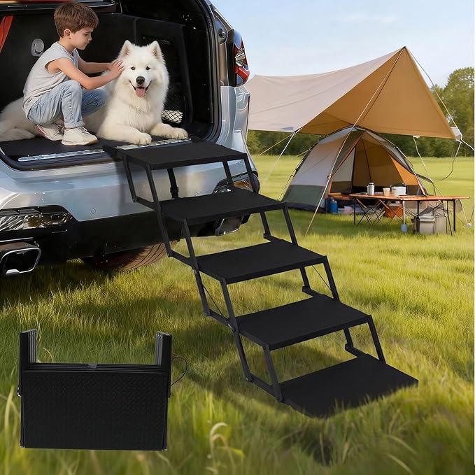 Dog Stairs for Car, Foldable Dog Steps for Large Dogs, 5-Step Ultra-Lightweight Non-Slip Dog Ramps Supports Up to 200 lbs, Suitable for SUV,Truck, Sofas, Bed