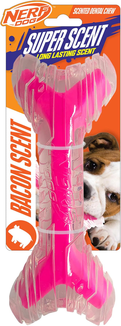 Nerf Dog 9in TPR/PP Scented Bacon SuperScent Bone Solid Core -Clear/Pink, (NF-7132)