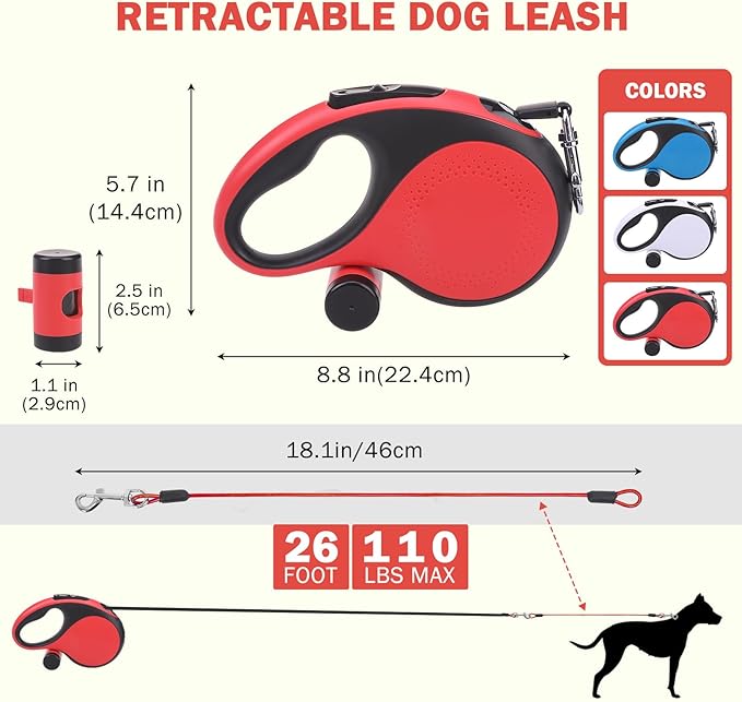 SCENEREAL Retractable Dog Leash for Small Medium Large Dogs up to 110lbs, 26ft 360° Tangle-Free Nylon Tape with Anti-Chewing Wire Rope&Waste Bag Dispenser, Heavy Duty Long Durable One-Handed Brake