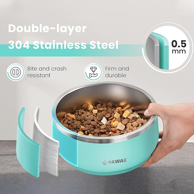 Pawaii Dog Bowl, 34 oz Double-Wall Stainless Steel Food and Water Bowl, Non-Slip Rubber Base, Dishwasher Safe, ID Tag Included, (1 Pack)