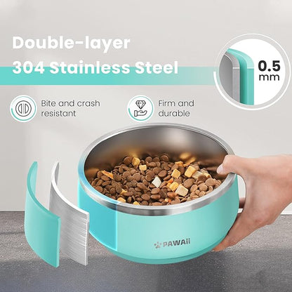 Pawaii Dog Bowl, 34 oz Double-Wall Stainless Steel Food and Water Bowl, Non-Slip Rubber Base, Dishwasher Safe, ID Tag Included, (1 Pack)
