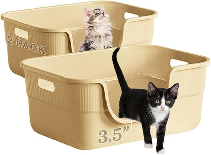 2 Pack Low Entry Kitty Litter Box for Small Cats, Kittens Litter Boxes with High Sides, Open Top, Anti-Splash Plastic Litter Pan for Medium Pets, Easy to Clean, 16.5" L*11.8" W*7" H (Apricot)