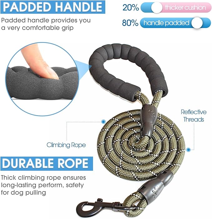 BAAPET 2/4/5/6 FT Dog Leash with Comfortable Padded Handle and Highly Reflective Threads for Small Medium and Large Dogs (5FT-1/2'', Olive Green)
