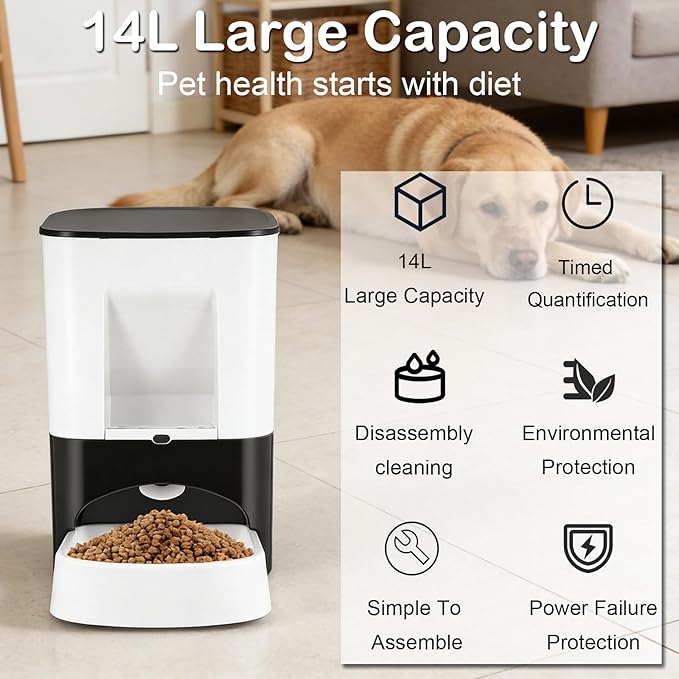 14L Large Automatic Dog Feeder for Large Breeds – Programmable Timed Pet Food Dispenser with Voice Recording, Dual Power Supply & Moisture-Proof Locking Lid