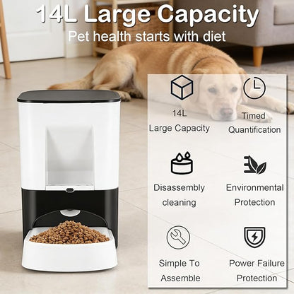 14L Large Automatic Dog Feeder for Large Breeds – Programmable Timed Pet Food Dispenser with Voice Recording, Dual Power Supply & Moisture-Proof Locking Lid