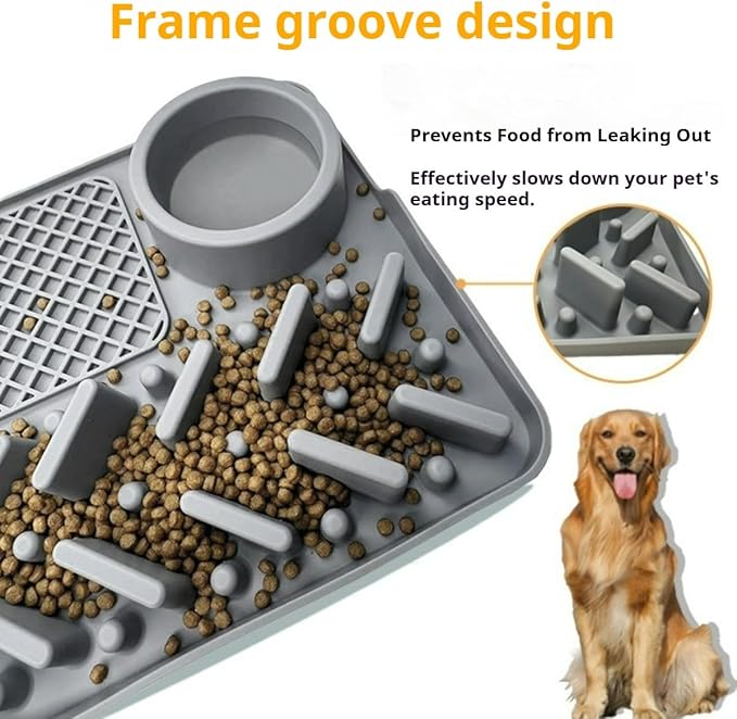 Interactive Silicone Lick Mat for Cats and Dogs – Slow Feeding Pad with Water Bowl, Non-Spill Suction Cup Bowl, Gray (Gray)