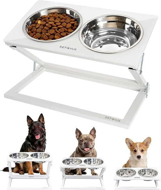Elevated Dog Bowl, Anti-Slip Feeder, Adjustable Elevated Dog Bowl Stand, 0-20° Tilt Water Bowl with 2 Stainless Steel Food Bowls Dishwasher Safe, Suitable for Small Dogs, Puppies and Cats (White)