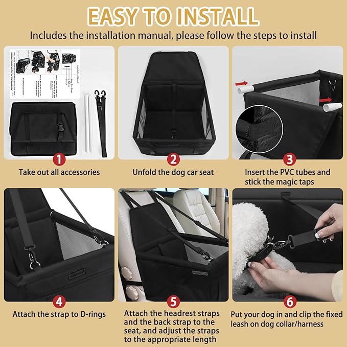 PetsHome Dog Car Seat Foldable Dog Car Booster Seat Waterproof Breathable Oxford Travel Bag for Small to Medium Dogs, Puppies, and Pets-Pure Black