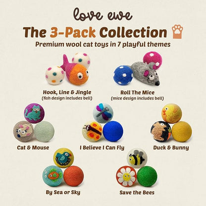 Hustle & Blush Love Ewe Felted Cat Toys 3 Pack - 2 Inch Fish & Bird Hand Made Cute & Fun Design Kitten Wool Felt Balls for Indoor Play & Exercise - 100% New Zealand Handmade Felted Balls