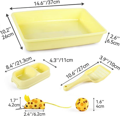 PAWISE Cat Litter Box Set, Small Kitten Starter Kit, Includes Litter Box, Litter Scoop, Double Dish Feeding Bowl, Cat Mouse Toy, Kitty Ball Toy, Yellow